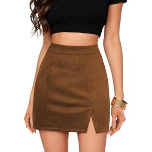 imageWomens Faux Suede Skirt with Slit High Waisted Mini Skirt Side Split ALine Bodycon Short SkirtBrown
