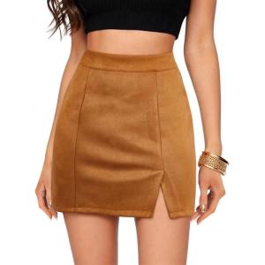 imageWomens Faux Suede Skirt with Slit High Waisted Mini Skirt Side Split ALine Bodycon Short SkirtKhaki