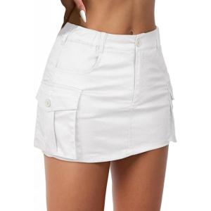 imageWomens Mini Cargo Skirts Y2k Denim Skirt with Pockets Low Waist Button Jean Skirts for WomenA White