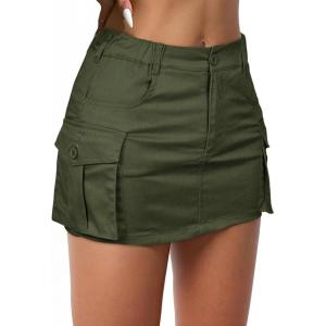 imageWomens Mini Cargo Skirts Y2k Denim Skirt with Pockets Low Waist Button Jean Skirts for WomenArm Green