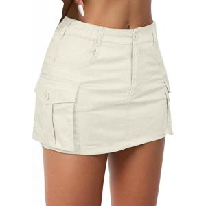 imageWomens Mini Cargo Skirts Y2k Denim Skirt with Pockets Low Waist Button Jean Skirts for WomenBeige