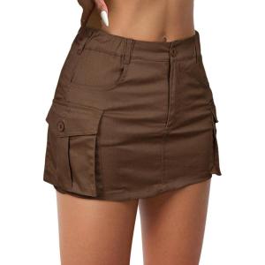 imageWomens Mini Cargo Skirts Y2k Denim Skirt with Pockets Low Waist Button Jean Skirts for WomenBrown