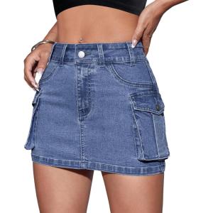 imageWomens Mini Cargo Skirts Y2k Denim Skirt with Pockets Low Waist Button Jean Skirts for WomenDark Blue
