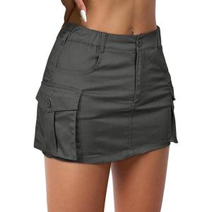 imageWomens Mini Cargo Skirts Y2k Denim Skirt with Pockets Low Waist Button Jean Skirts for WomenGrey