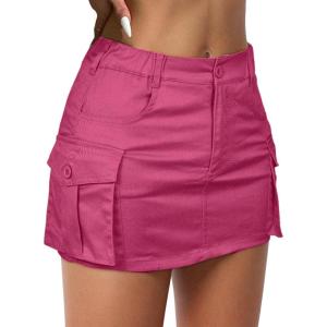 imageWomens Mini Cargo Skirts Y2k Denim Skirt with Pockets Low Waist Button Jean Skirts for WomenHot Pink