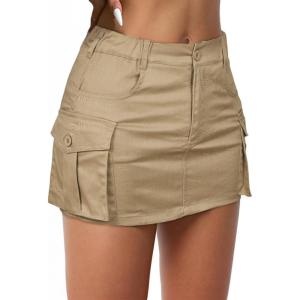 imageWomens Mini Cargo Skirts Y2k Denim Skirt with Pockets Low Waist Button Jean Skirts for WomenKhaki