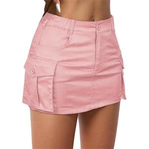 imageWomens Mini Cargo Skirts Y2k Denim Skirt with Pockets Low Waist Button Jean Skirts for WomenPink