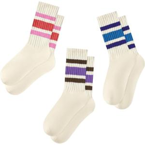imageAmerican Trends Tube Socks for Women Striped Retro Socks Slouchy Scrunch Socks Vintage Cute Crew Socks3 Pairs  Pink Purple Bluebrown Purple