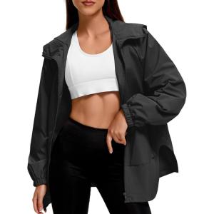 imageAmerican Trends Women Rain Jacket with Hood Lightweight Rain Coats for Women Trench Waterproof Windbreaker With Back PocketsBlack