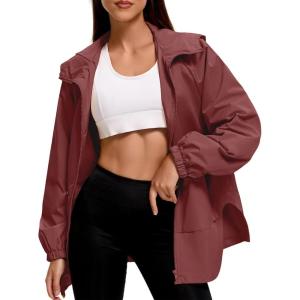 imageAmerican Trends Women Rain Jacket with Hood Lightweight Rain Coats for Women Trench Waterproof Windbreaker With Back PocketsWine Red