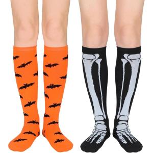 imageWomens Knee High Socks Long Athletic Thin Thigh High Stocking Outdoor Sport Casual Tube Socks2 Pack Black Skull  Orange Bat