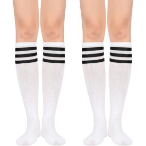 imageWomens Knee High Socks Long Athletic Thin Thigh High Stocking Outdoor Sport Casual Tube Socks2 Pack White Black Stripe