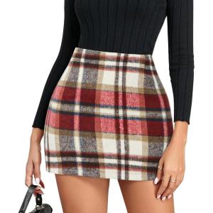 imageWomens Plaid Skirts High Waist Pencil Skirt Bodycon Mini Skirt Fall Winter Outfits for WomenRed