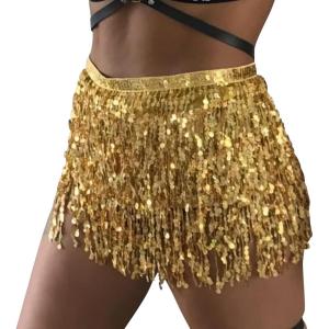 imageWomens Belly Dance Hip Scarf with Sparkly Fringe Rave Party Sequin Skirt Costume Festival Tassel SkirtGolden