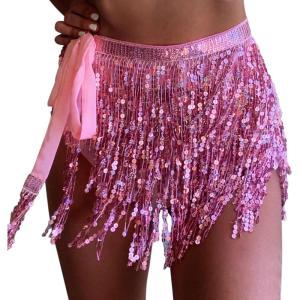 imageWomens Belly Dance Hip Scarf with Sparkly Fringe Rave Party Sequin Skirt Costume Festival Tassel SkirtPink