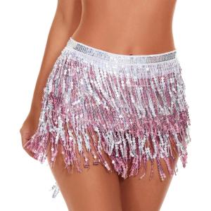 imageWomens Belly Dance Hip Scarf with Sparkly Fringe Rave Party Sequin Skirt Costume Festival Tassel SkirtPinkwhite