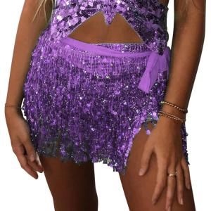 imageWomens Belly Dance Hip Scarf with Sparkly Fringe Rave Party Sequin Skirt Costume Festival Tassel SkirtPurple