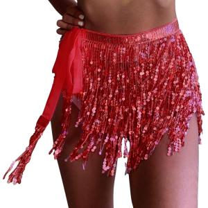 imageWomens Belly Dance Hip Scarf with Sparkly Fringe Rave Party Sequin Skirt Costume Festival Tassel SkirtRed