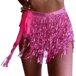 imageWomens Belly Dance Hip Scarf with Sparkly Fringe Rave Party Sequin Skirt Costume Festival Tassel SkirtRose