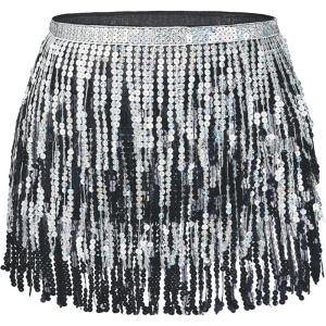 imageWomens Belly Dance Hip Scarf with Sparkly Fringe Rave Party Sequin Skirt Costume Festival Tassel SkirtSilver  Black