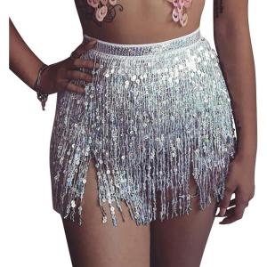 imageWomens Belly Dance Hip Scarf with Sparkly Fringe Rave Party Sequin Skirt Costume Festival Tassel SkirtSilver