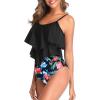 imageAmerican Trends High Waisted Tankini Swimsuits for Women Flounce Top Tummy Control Bathing Suits15 Black Blue Flower