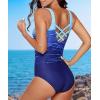 imageAmerican Trends One Piece Swimsuit Women Criss Cross Back Color Block Print Bathing Suits Athletic Modest SwimwearB Blue