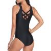 imageAmerican Trends One Piece Swimsuit Women Criss Cross Back Color Block Print Bathing Suits Athletic Modest SwimwearI Blue and Black Contrast