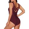 imageAmerican Trends One Piece Swimsuit Women Criss Cross Back Color Block Print Bathing Suits Athletic Modest SwimwearR Wine