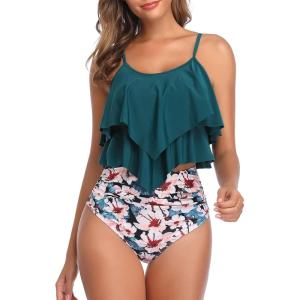 imageAmerican Trends High Waisted Tankini Swimsuits for Women Flounce Top Tummy Control Bathing Suits01 Blue Pink