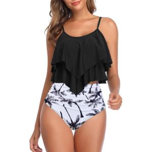 imageAmerican Trends High Waisted Tankini Swimsuits for Women Flounce Top Tummy Control Bathing Suits02 Black White