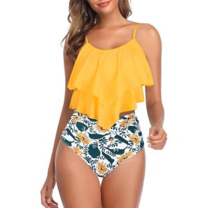 imageAmerican Trends High Waisted Tankini Swimsuits for Women Flounce Top Tummy Control Bathing Suits03 Summer Yellowgreen Print
