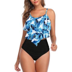 imageAmerican Trends High Waisted Tankini Swimsuits for Women Flounce Top Tummy Control Bathing Suits04 Blue Print