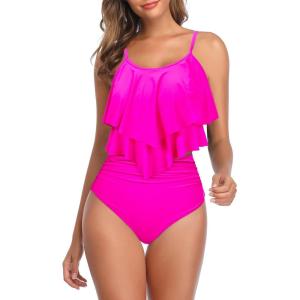 imageAmerican Trends High Waisted Tankini Swimsuits for Women Flounce Top Tummy Control Bathing Suits04 Hot Pink