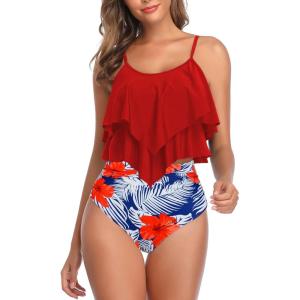 imageAmerican Trends High Waisted Tankini Swimsuits for Women Flounce Top Tummy Control Bathing Suits05 Red Print