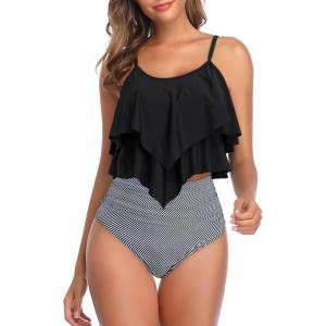 imageAmerican Trends High Waisted Tankini Swimsuits for Women Flounce Top Tummy Control Bathing Suits06 Blackwhite Striped