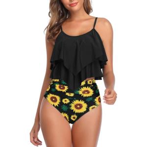 imageAmerican Trends High Waisted Tankini Swimsuits for Women Flounce Top Tummy Control Bathing Suits07 Black Sunflower