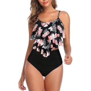 imageAmerican Trends High Waisted Tankini Swimsuits for Women Flounce Top Tummy Control Bathing Suits09 Pink Black