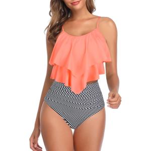 imageAmerican Trends High Waisted Tankini Swimsuits for Women Flounce Top Tummy Control Bathing Suits10 Orangewhite Striped