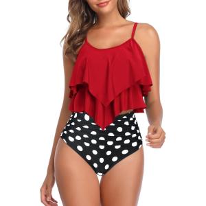 imageAmerican Trends High Waisted Tankini Swimsuits for Women Flounce Top Tummy Control Bathing Suits11 Redblack Dot