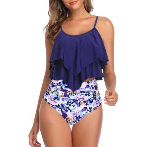 imageAmerican Trends High Waisted Tankini Swimsuits for Women Flounce Top Tummy Control Bathing Suits19 Navypurple Floral