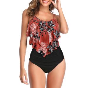imageAmerican Trends High Waisted Tankini Swimsuits for Women Flounce Top Tummy Control Bathing Suits21 Redblack Leaf Print