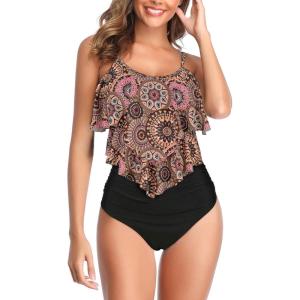 imageAmerican Trends High Waisted Tankini Swimsuits for Women Flounce Top Tummy Control Bathing Suits26 Coffee Flowerblack