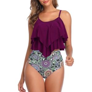imageAmerican Trends High Waisted Tankini Swimsuits for Women Flounce Top Tummy Control Bathing Suits27 Winegreen Floral