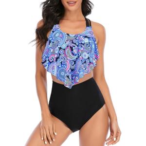 imageAmerican Trends High Waisted Tankini Swimsuits for Women Flounce Top Tummy Control Bathing SuitsBlue Printed