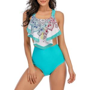 imageAmerican Trends High Waisted Tankini Swimsuits for Women Flounce Top Tummy Control Bathing SuitsCyan Floral Printed