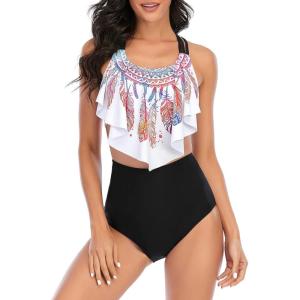 imageAmerican Trends High Waisted Tankini Swimsuits for Women Flounce Top Tummy Control Bathing SuitsRainbow Feather