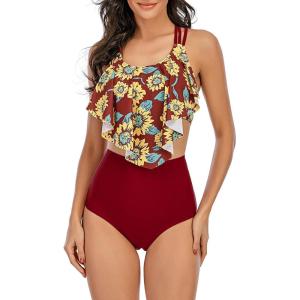 imageAmerican Trends High Waisted Tankini Swimsuits for Women Flounce Top Tummy Control Bathing SuitsSunflower