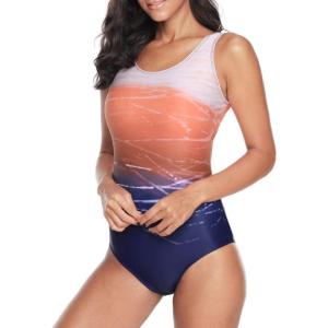 imageAmerican Trends One Piece Swimsuit Women Criss Cross Back Color Block Print Bathing Suits Athletic Modest SwimwearE Orange Gradient