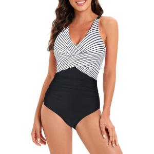imageAmerican Trends Swimsuit Women One Piece Tummy Control Bathing Suit for Women Modest V Neck Swimwear01 Black White Stripes